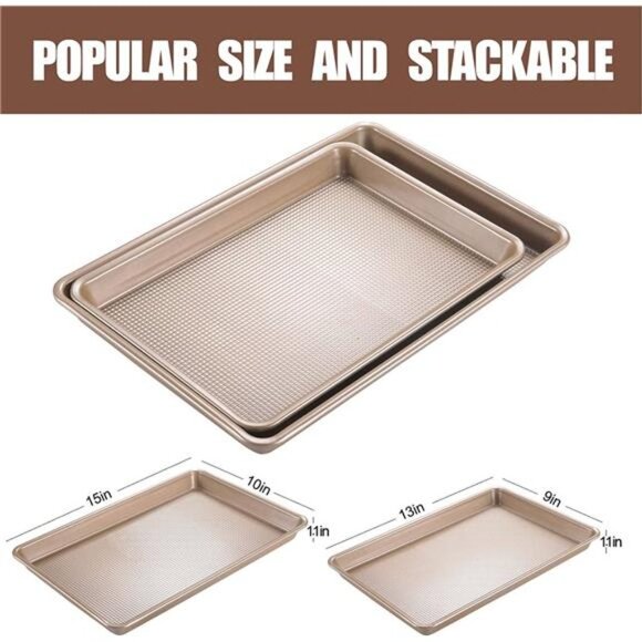 Cookie Sheet Baking Pan Set, Nonstick, 2 Piece Bakeware Set, 9x13",10x15", Gold - Picture 4 of 6